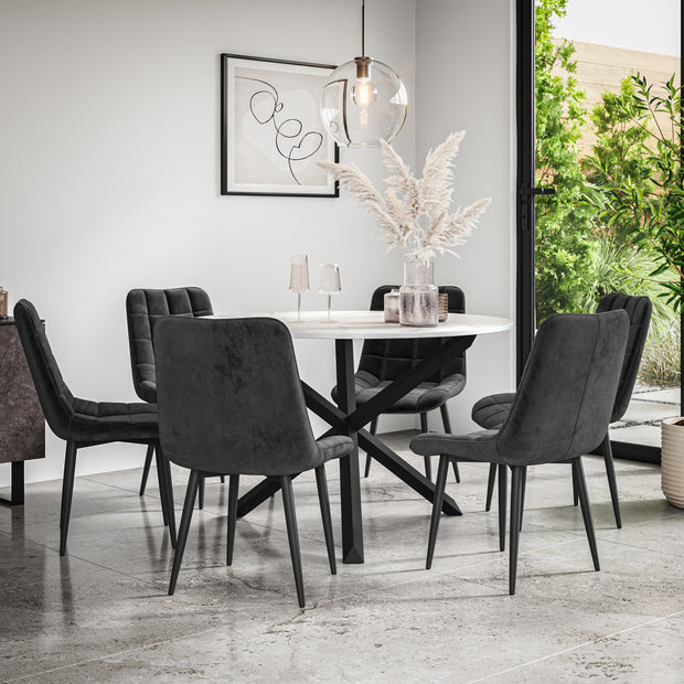 Malvern Round Dining Table And Chairs -  Marble Table Top w Solid Oak Black Legs + Nova Dining Chair Set of 4/6