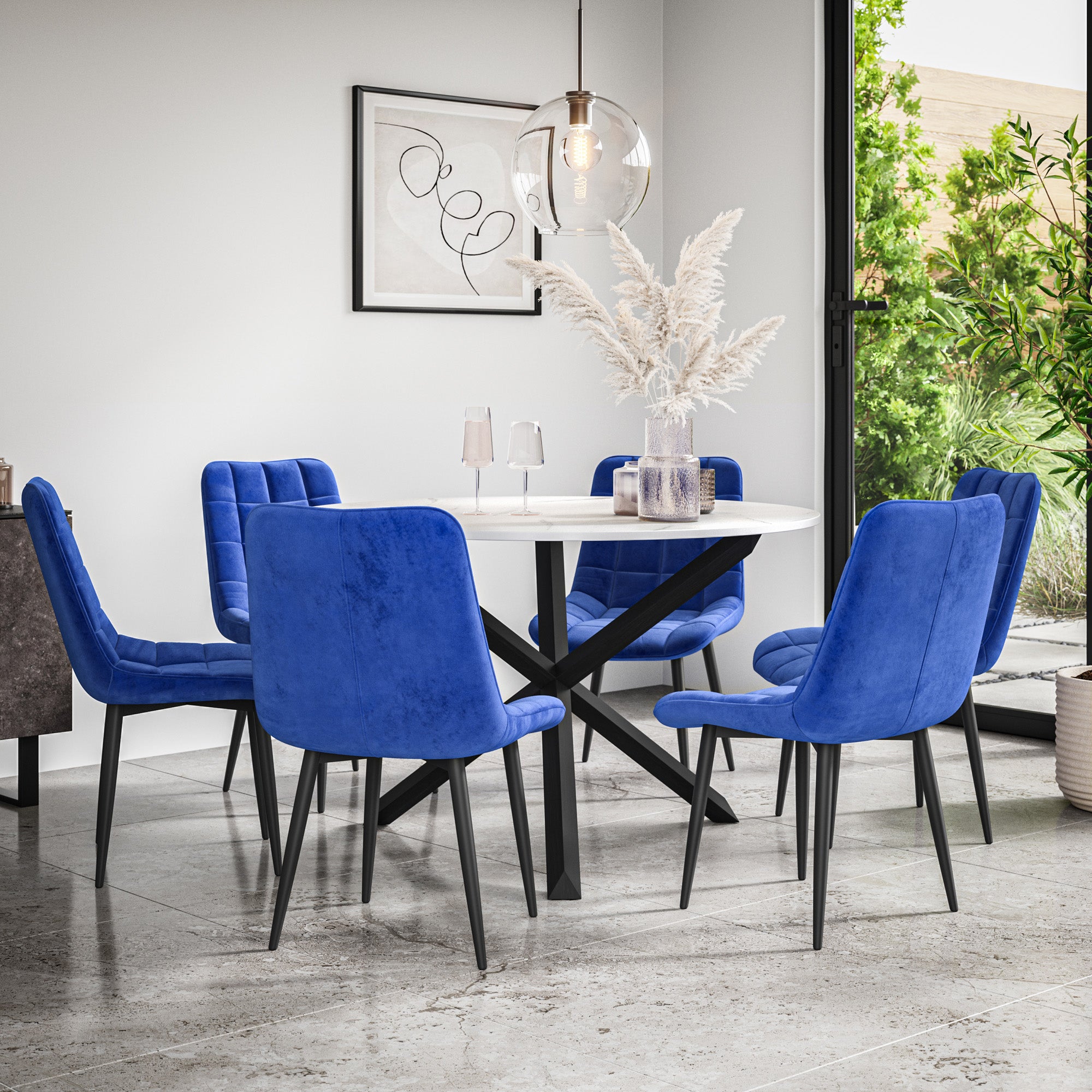 Malvern Round Dining Table And Chairs -  Marble Table Top w Solid Oak Black Legs + Nova Dining Chair Set of 4/6