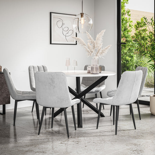 Malvern Round Dining Table And Chairs -  Marble Table Top w Solid Oak Black Legs + Nova Dining Chair Set of 4/6