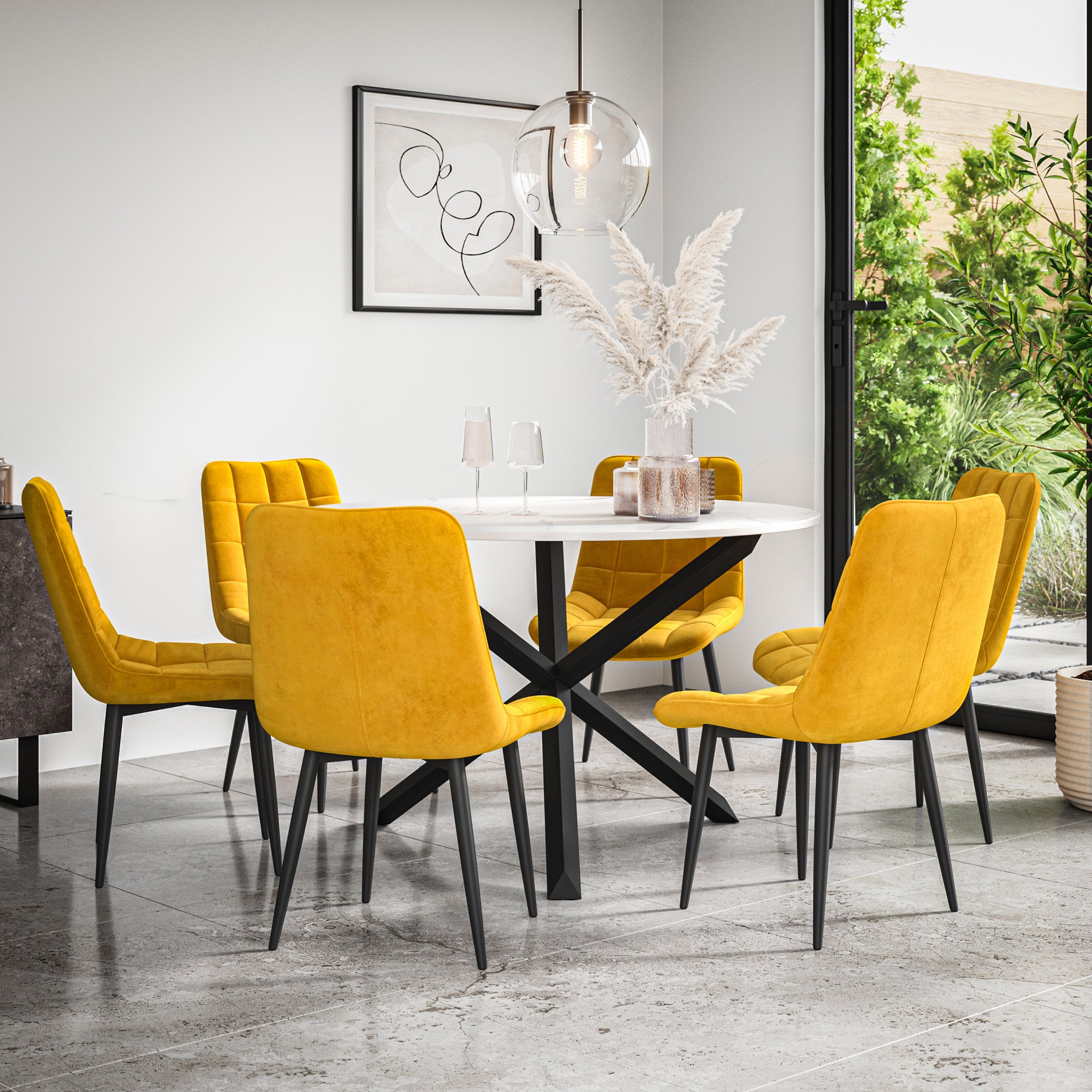 Malvern Round Dining Table And Chairs -  Marble Table Top w Solid Oak Black Legs + Nova Dining Chair Set of 4/6
