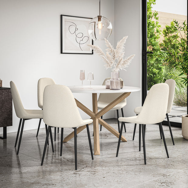 Malvern Round Dining Table And Chairs -  Marble Table Top w Solid Oak Legs + Maya Boucle Dining Chair Set of 4/6