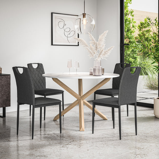 Malvern Round Dining Table And Chairs -  Marble Table Top w Solid Oak Legs + Monza Dining Chair Set of 4/6
