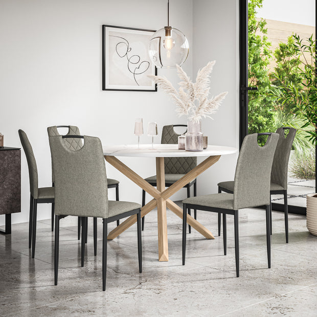 Malvern Round Dining Table And Chairs -  Marble Table Top w Solid Oak Legs + Monza Dining Chair Set of 4/6