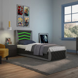 Galaxy Black and Grey Faux Leather LED Headboard Ottoman Bed Frame