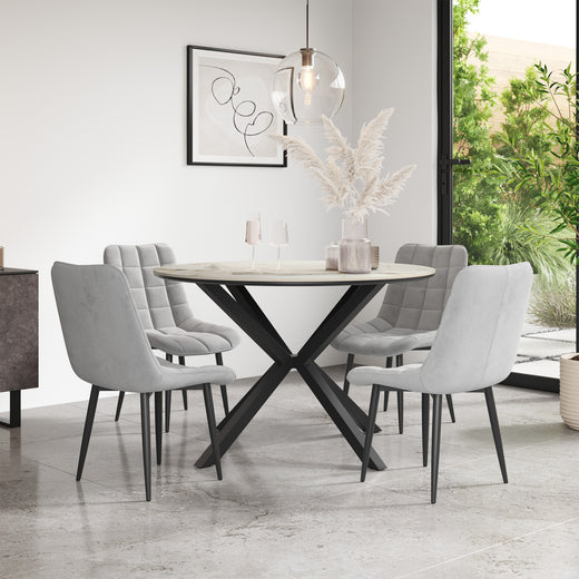 Calne Calcutta Gold Tabletop W Black Legs + Nova Velvet Dining Chair Set