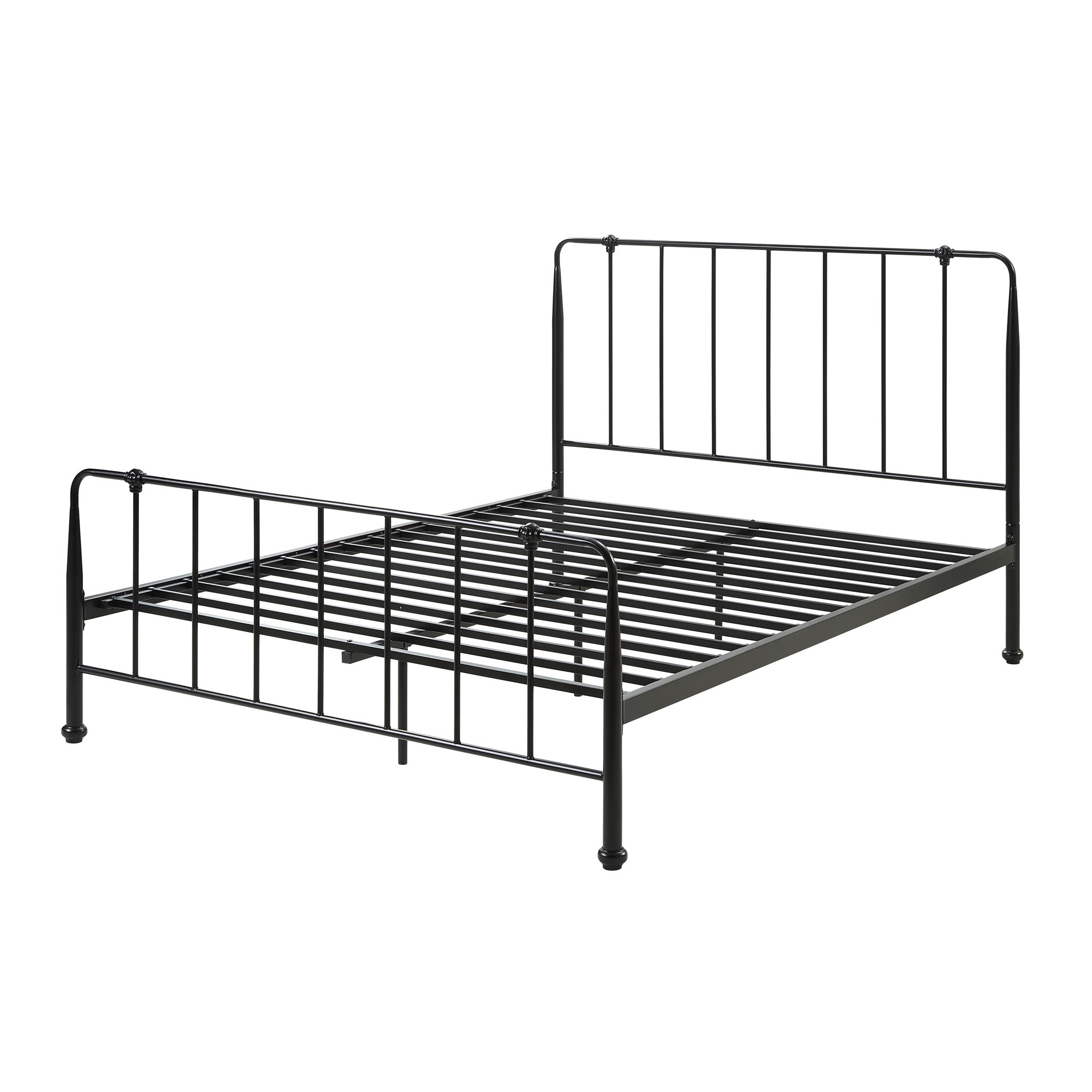 Black metal bed frame with vertical bars on the headboard and footboard. The background is plain white.