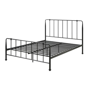 Black metal bed frame with vertical bars on the headboard and footboard. The background is plain white.