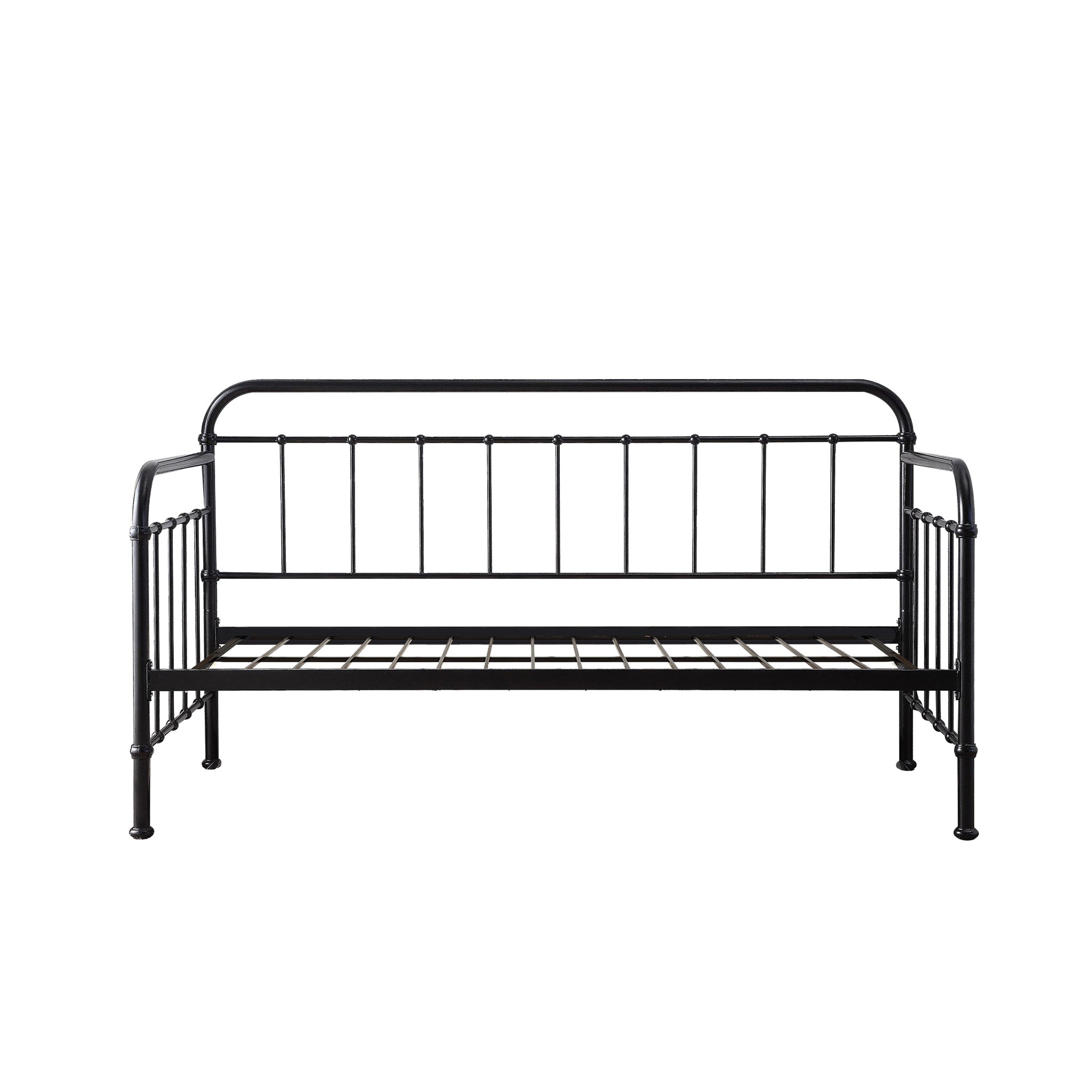 A black metal day bed against a plain white backdrop.