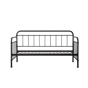 A black metal day bed against a plain white backdrop.