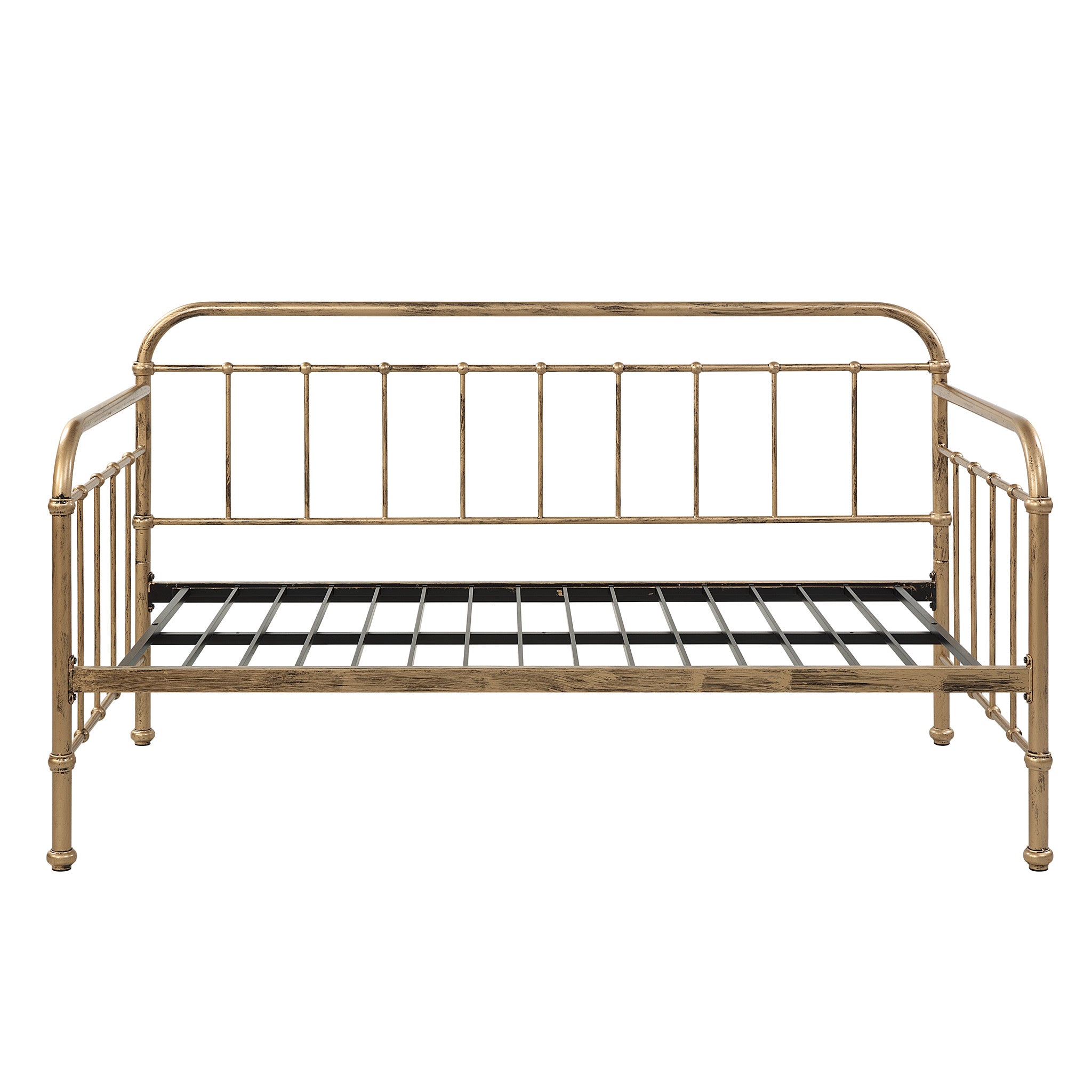 A brass-coloured metal bed frame against a plain white backdrop. 