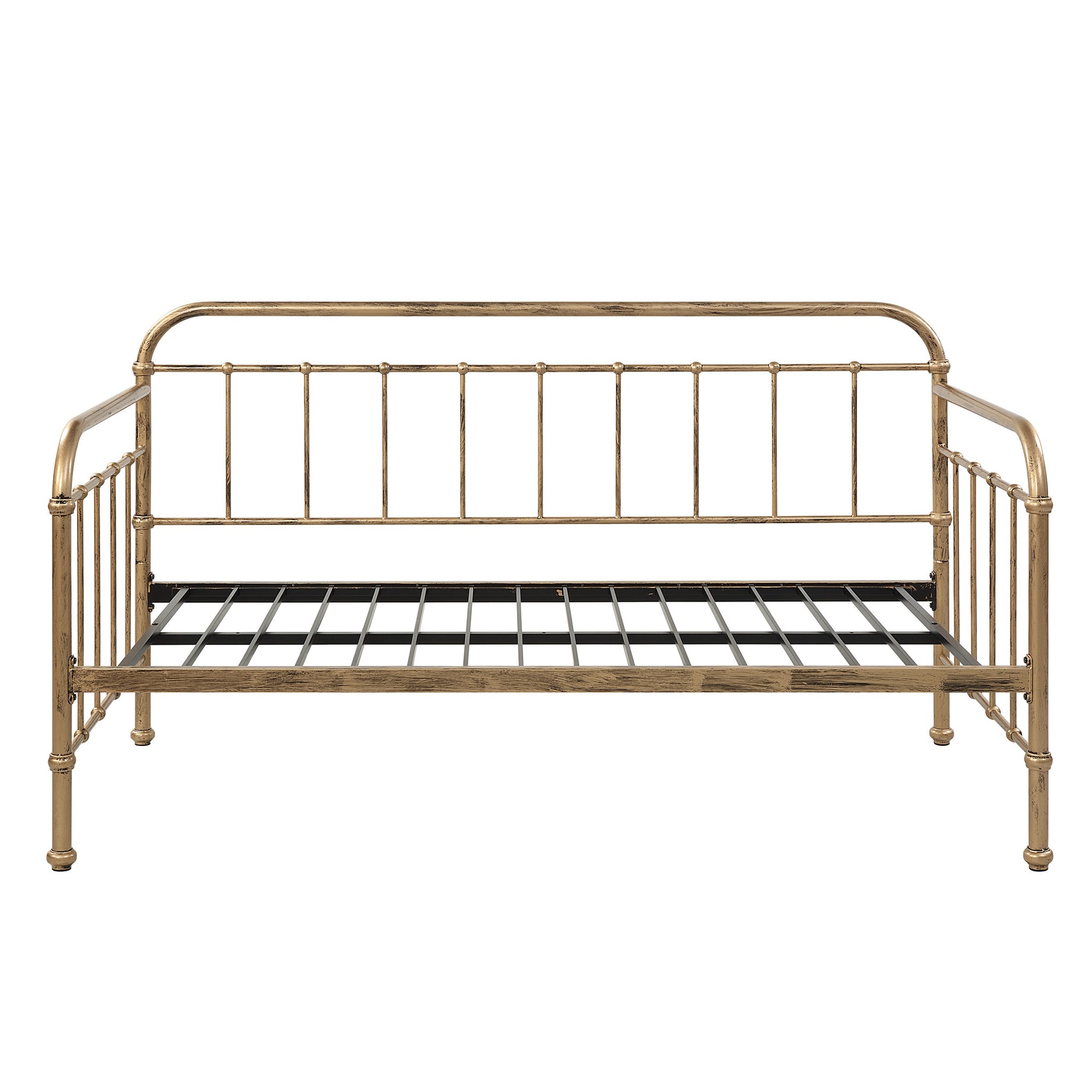 A brass-coloured metal bed frame against a plain white backdrop. 