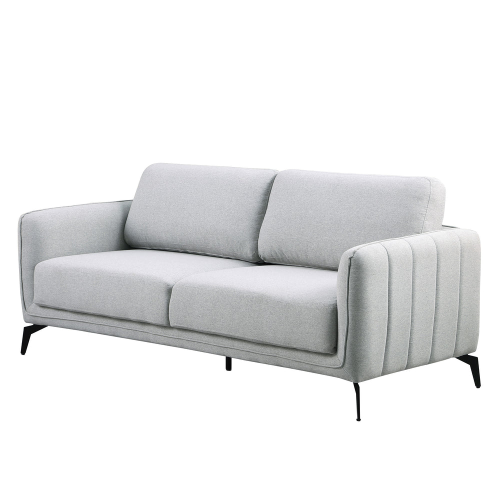 Light grey fabric sofa with black legs set against a plain white backdrop. The armrest features vertical stitching details.
