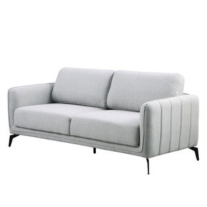 Light grey fabric sofa with black legs set against a plain white backdrop. The armrest features vertical stitching details.