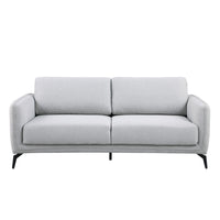 Grey fabric sofa with two seat cushions and two back cushions, featuring black metal legs, on a plain white background.