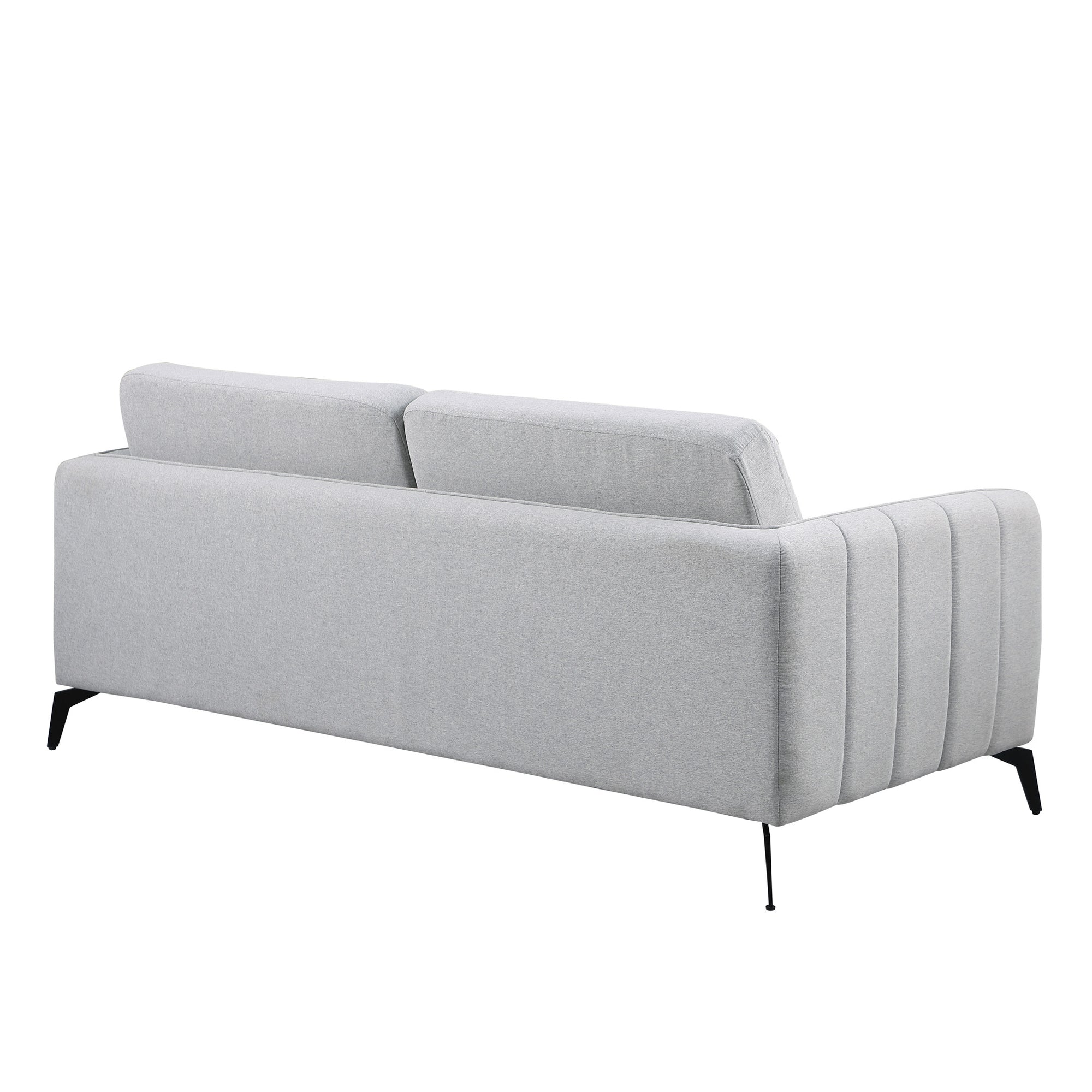 Light grey fabric sofa with black legs set against a white backdrop. The armrest features vertical stitching details and the backrest is plain.