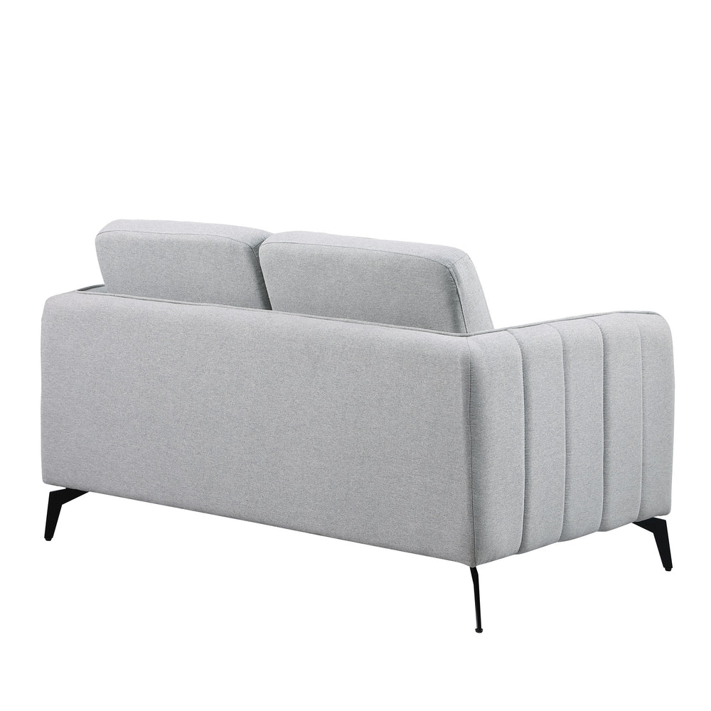 Light grey fabric sofa with black legs set against a white backdrop. The armrest features vertical stitching details and the backrest is plain.
