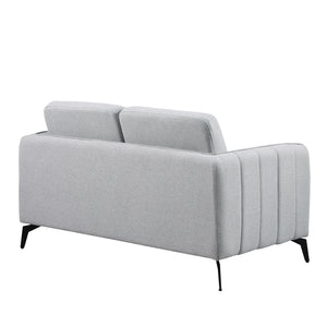 Light grey fabric sofa with black legs set against a white backdrop. The armrest features vertical stitching details and the backrest is plain.