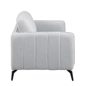 Side view of a light grey fabric sofa with black legs set against a white backdrop. The armrest features vertical stitching details.