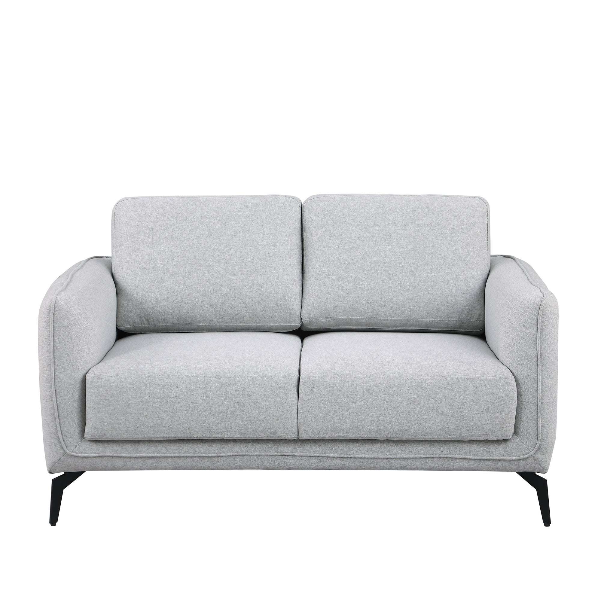 Light grey fabric sofa with black legs set against a plain white backdrop.
