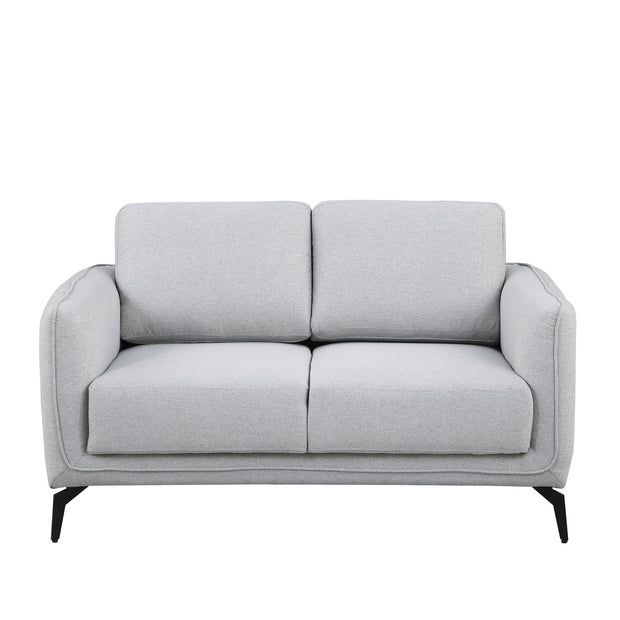 Light grey fabric sofa with black legs set against a plain white backdrop.