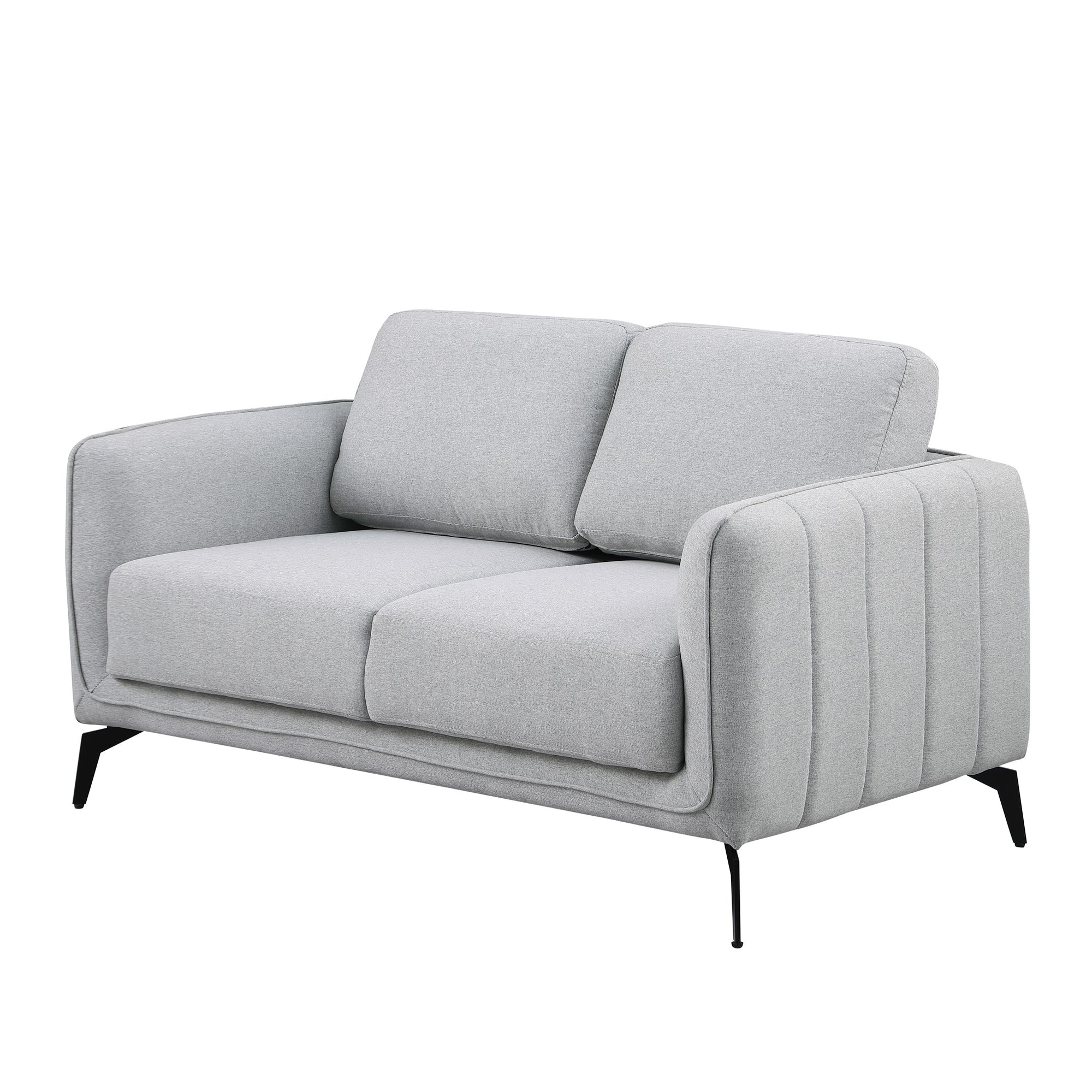 Light grey fabric sofa with black legs set against a plain white backdrop. The armrest features vertical stitching details.