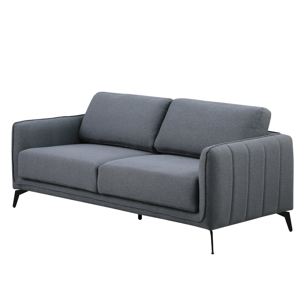 Dark grey fabric sofa with black legs set against a plain white backdrop. The armrest features vertical stitching details.