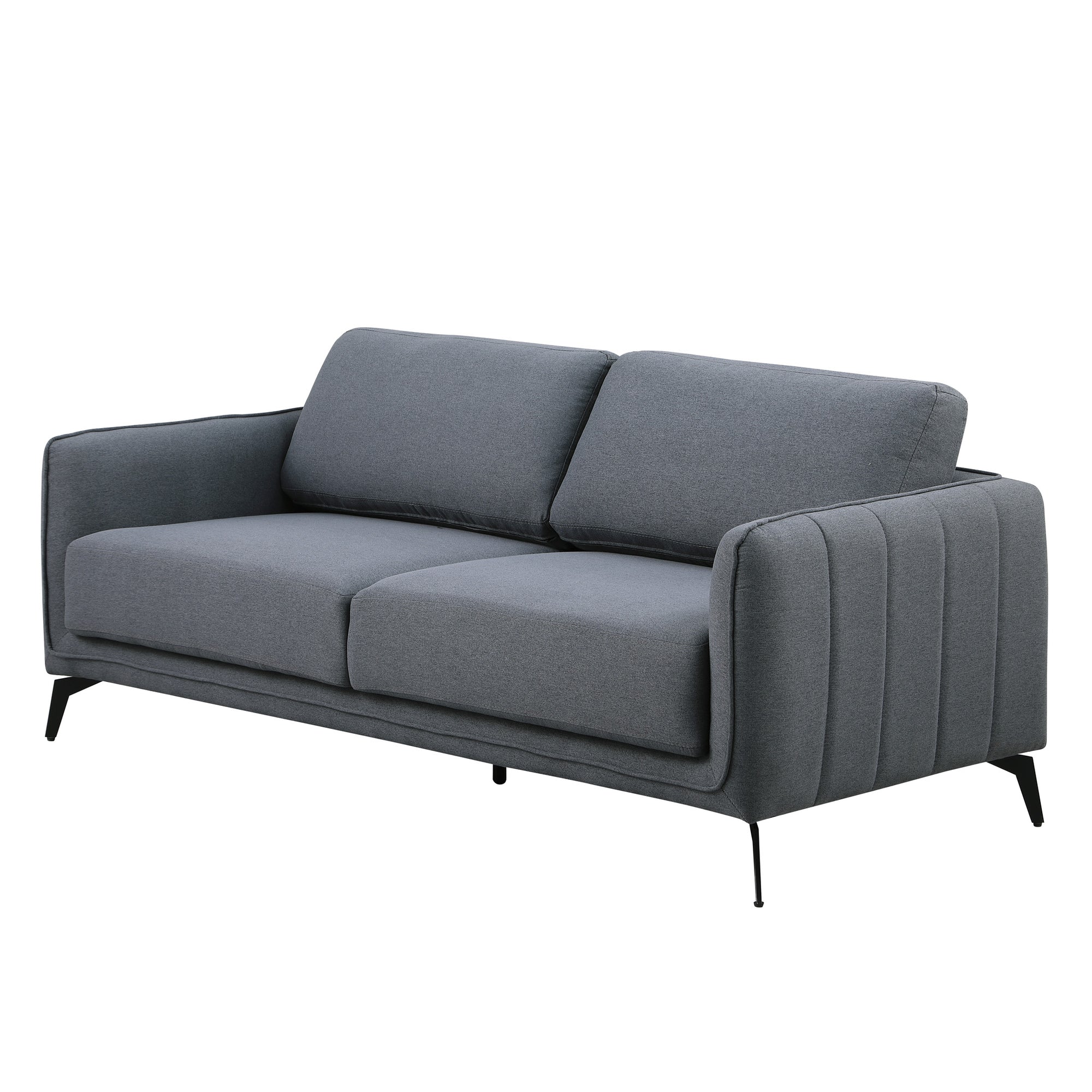 Dark grey fabric sofa with black legs set against a plain white backdrop. The armrest features vertical stitching details.