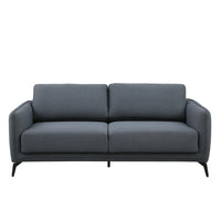 Dark grey fabric sofa with two seat cushions and two back cushions, featuring black metal legs, on a plain white background.