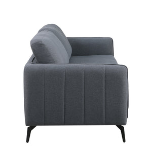Side view of a dark grey fabric sofa with black legs set against a white backdrop. The armrest features vertical stitching details.
