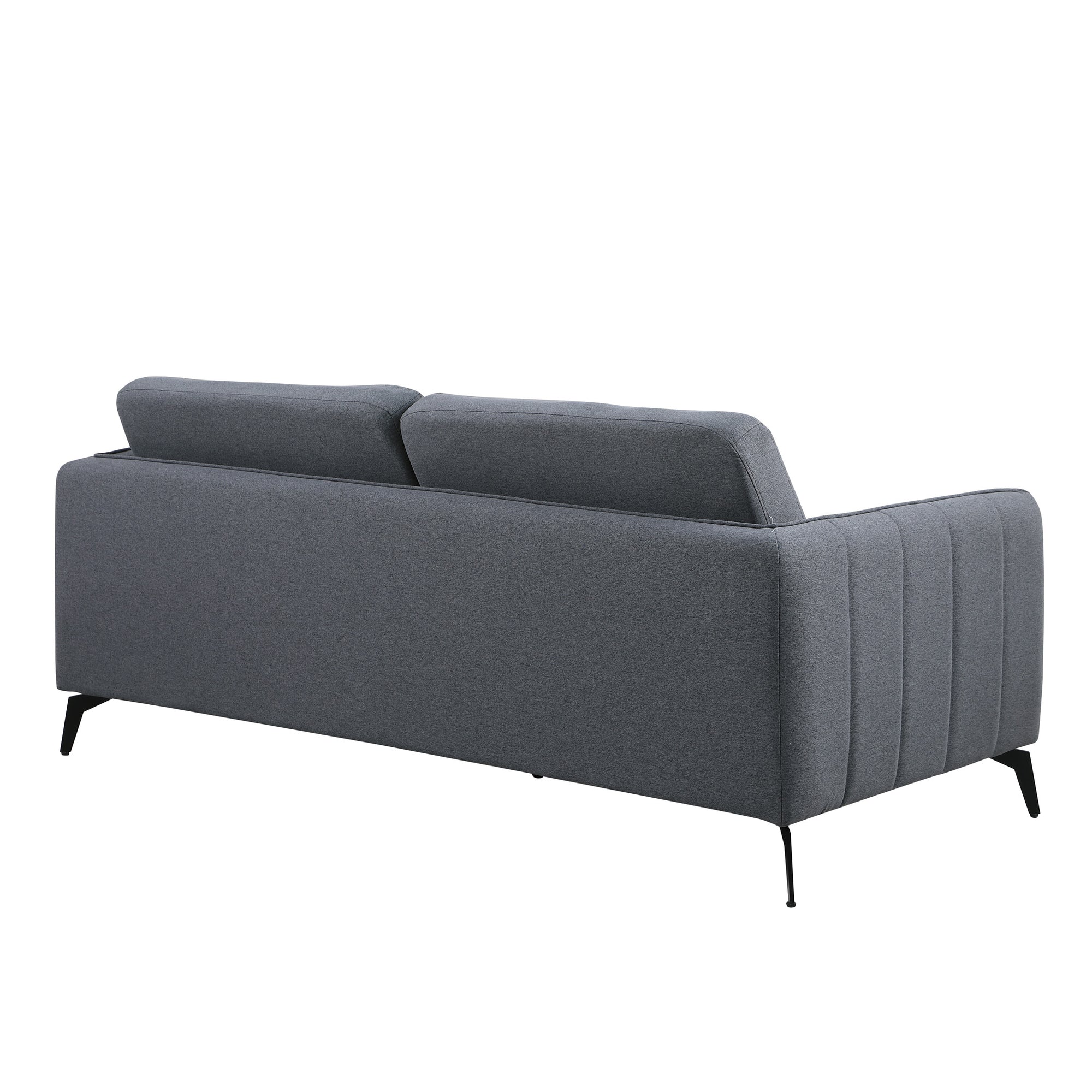 Dark grey fabric sofa with black legs set against a white backdrop. The armrest features vertical stitching details and the backrest is plain.