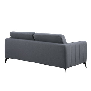 Dark grey fabric sofa with black legs set against a white backdrop. The armrest features vertical stitching details and the backrest is plain.