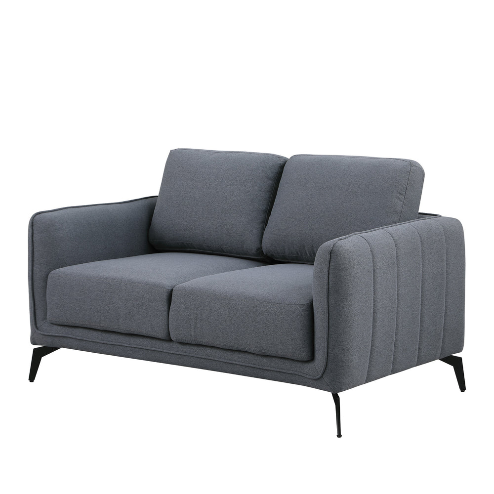 Dark grey fabric sofa with black legs set against a plain white backdrop. The armrest features vertical stitching details.