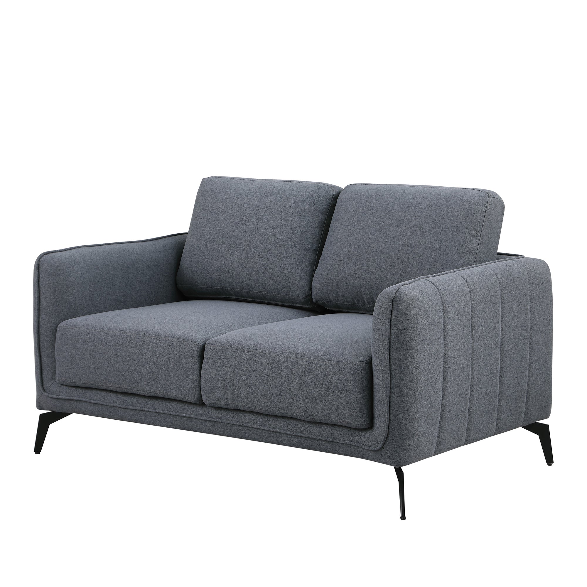 Dark grey fabric sofa with black legs set against a plain white backdrop. The armrest features vertical stitching details.