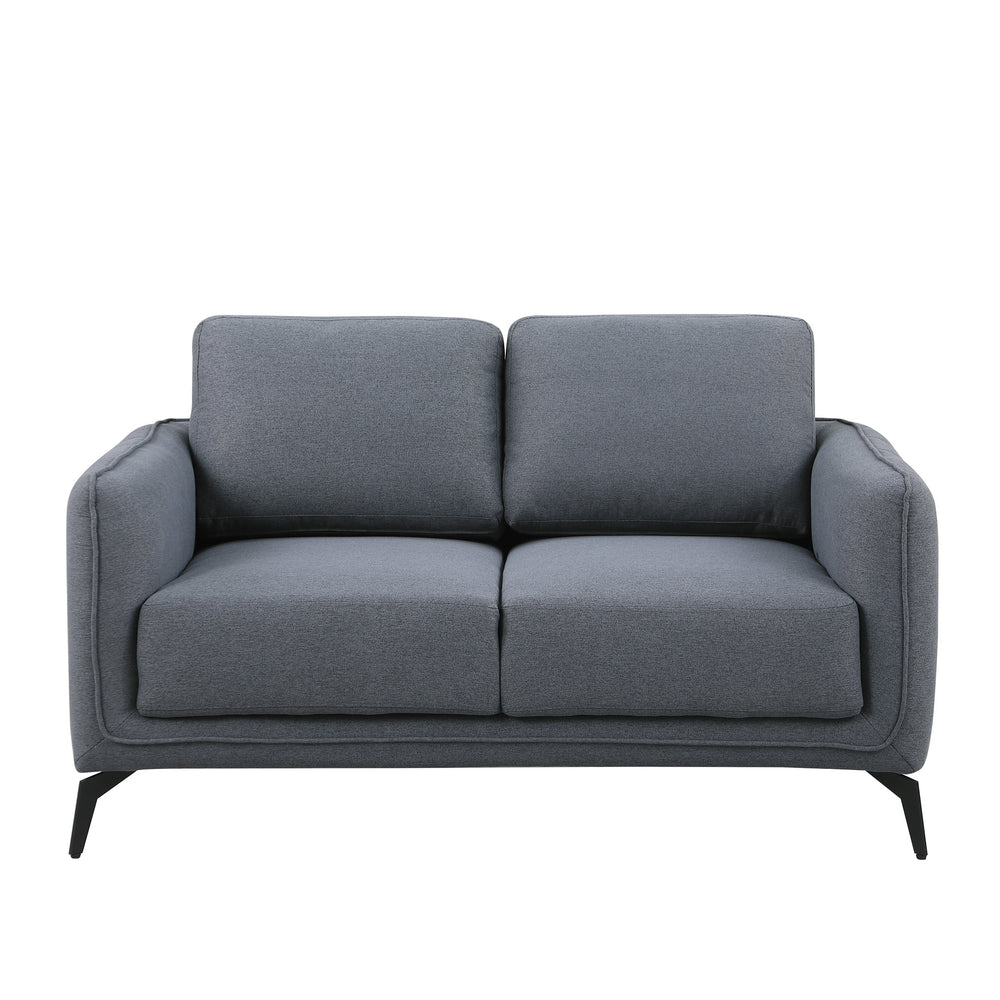 Dark grey fabric sofa with black legs set against a plain white backdrop.