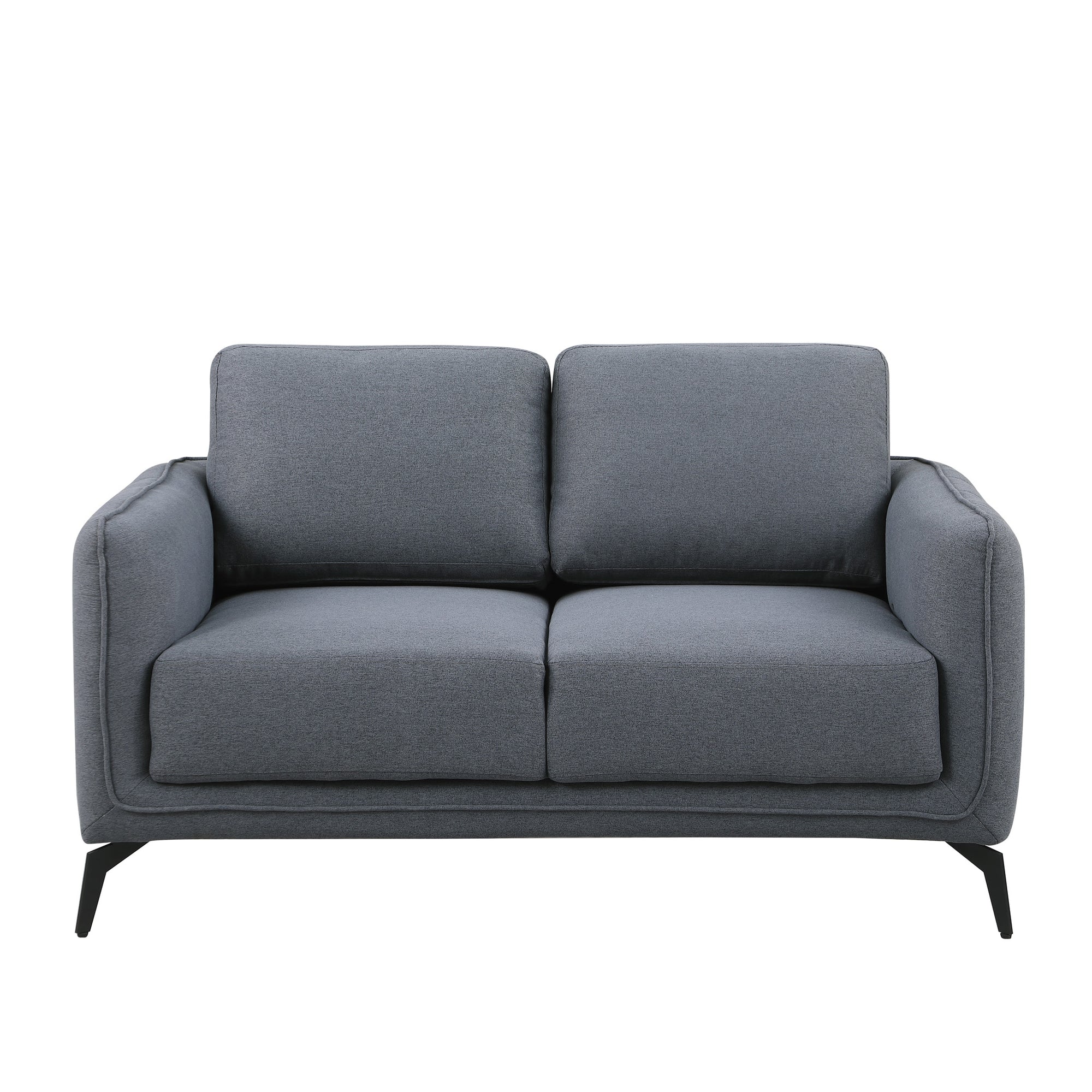 Dark grey fabric sofa with black legs set against a plain white backdrop.