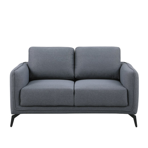 Dark grey fabric sofa with black legs set against a plain white backdrop.