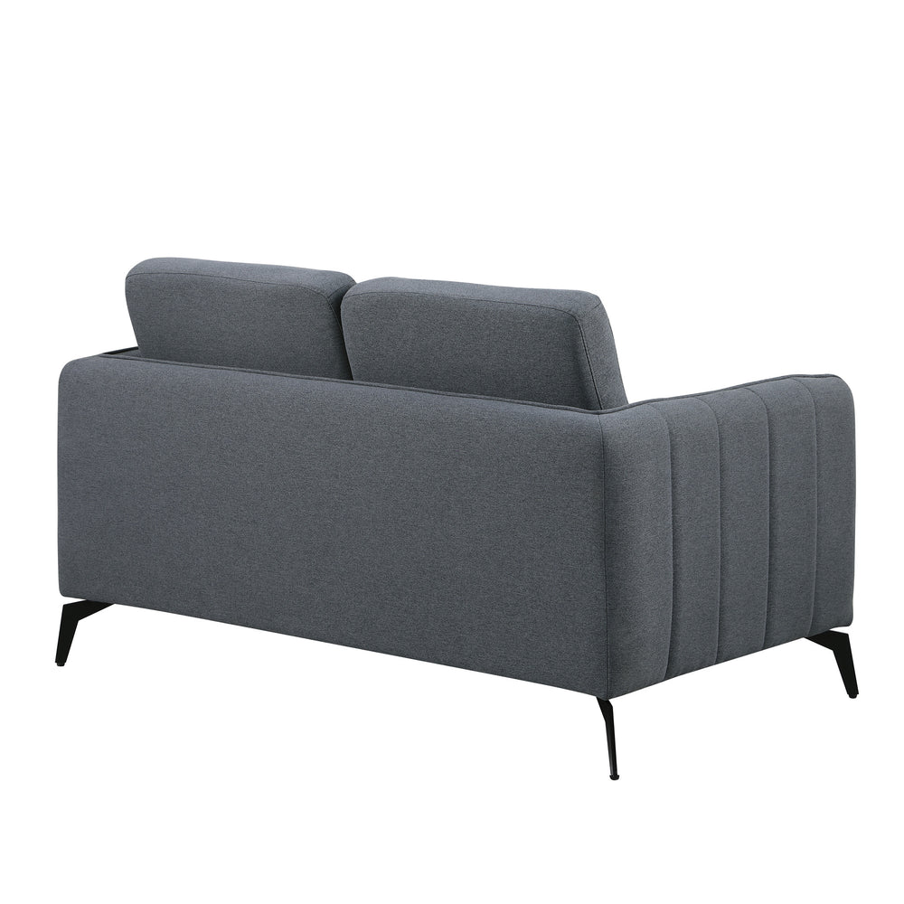 Dark grey fabric sofa with black legs set against a white backdrop. The armrest features vertical stitching details and the backrest is plain.