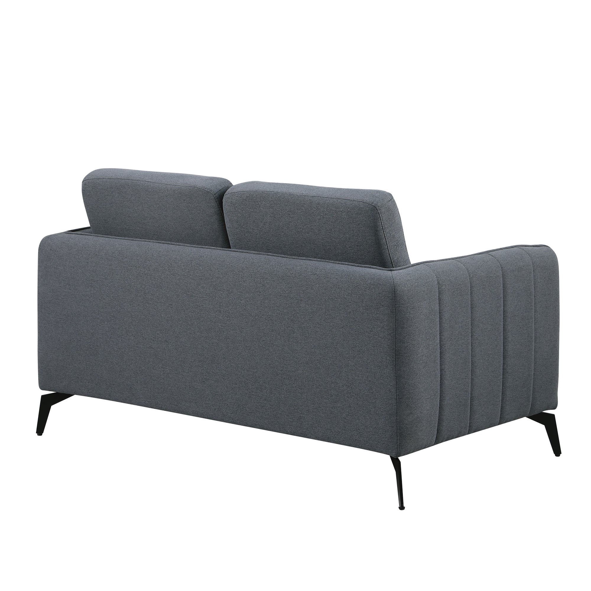 Dark grey fabric sofa with black legs set against a white backdrop. The armrest features vertical stitching details and the backrest is plain.