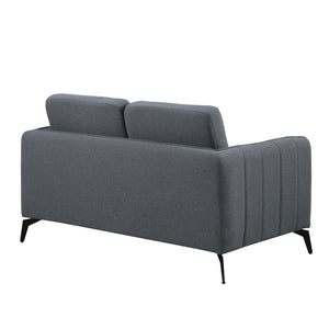 Dark grey fabric sofa with black legs set against a white backdrop. The armrest features vertical stitching details and the backrest is plain.