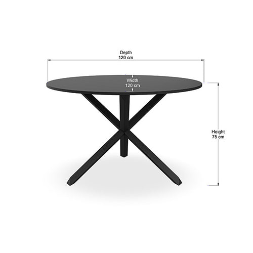 Black round table with crossed legs; dimensions diagram showing 120 cm depth and width and 75 cm height