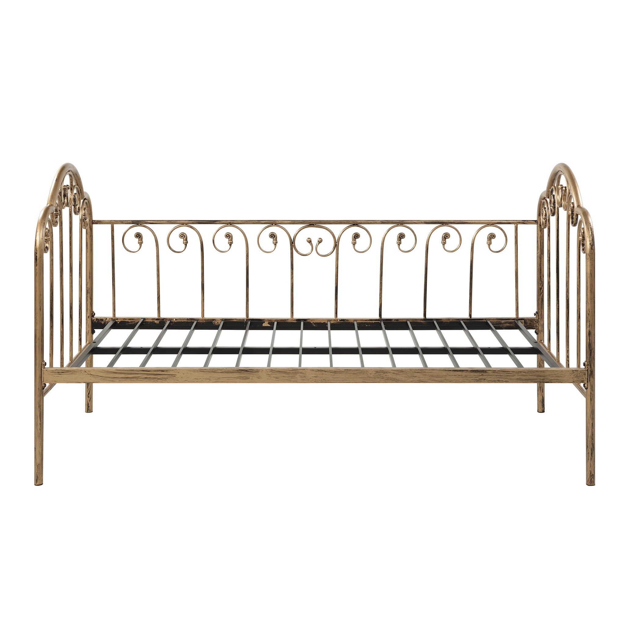 A brass-coloured metal bed frame set against a plain white backdrop.