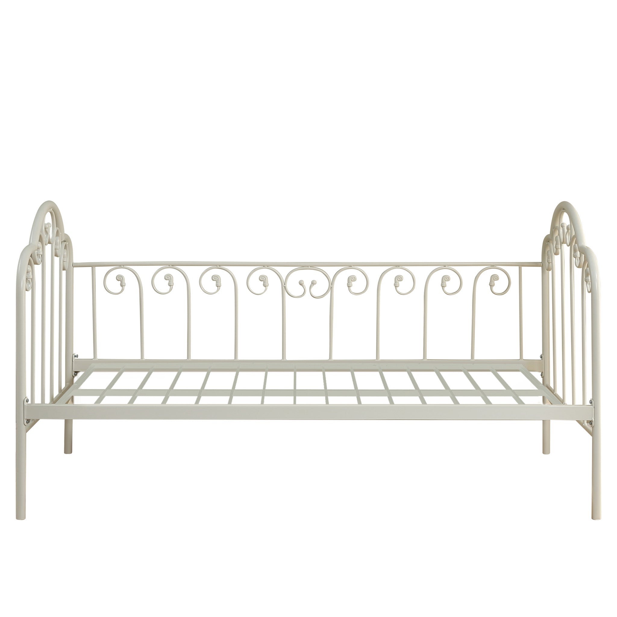 A white metal bed frame set against a plain white backdrop.