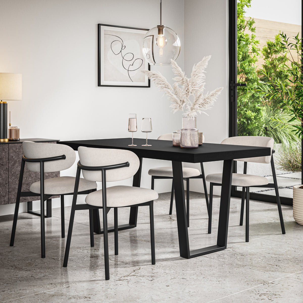 Aria Black Top Rectangle Dining Table & Myla Linen Chair