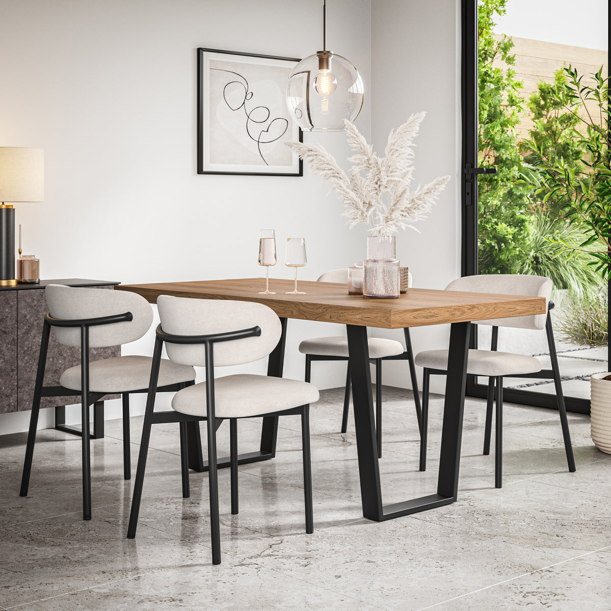 Aria Oak Effect Top Rectangle Dining Table & Myla Linen Chair
