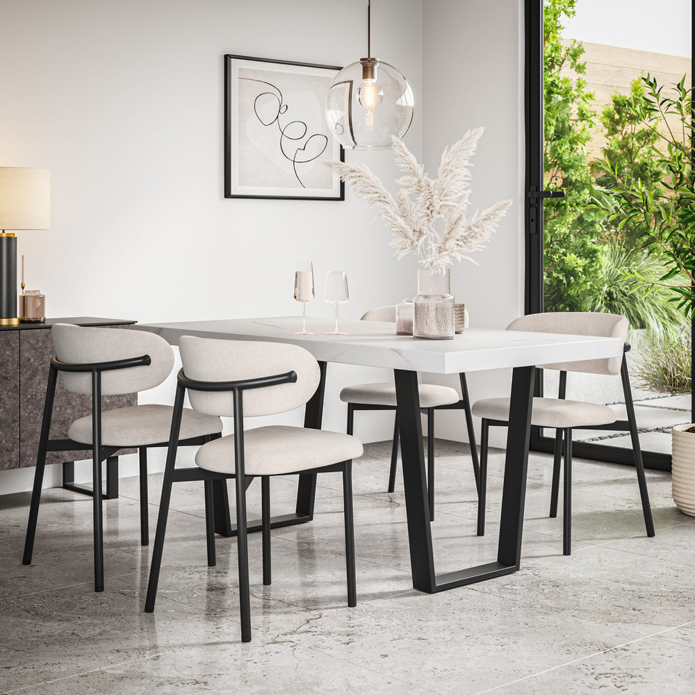 Aria White Marble Top Rectangle Dining Table & Myla Linen Chair