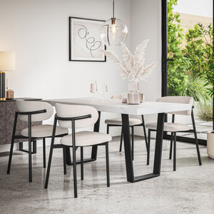 Aria White Marble Top Rectangle Dining Table & Myla Linen Chair