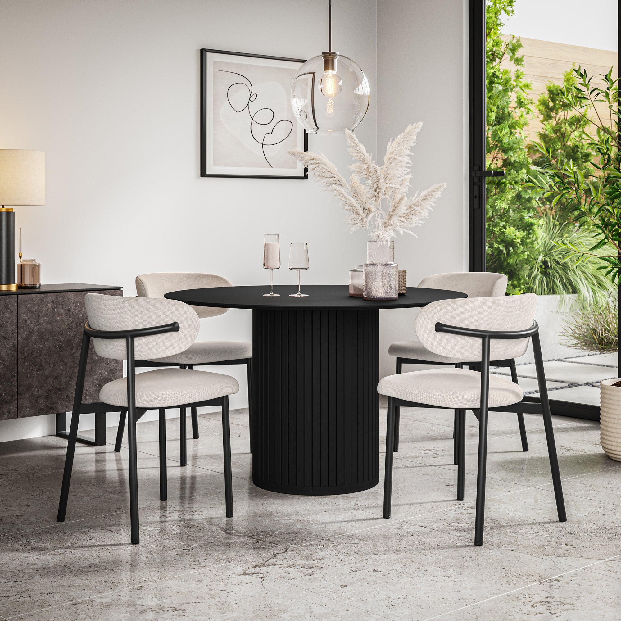 Arlo Black Tabletop W Black Legs + Myla Linen Dining Chair Set