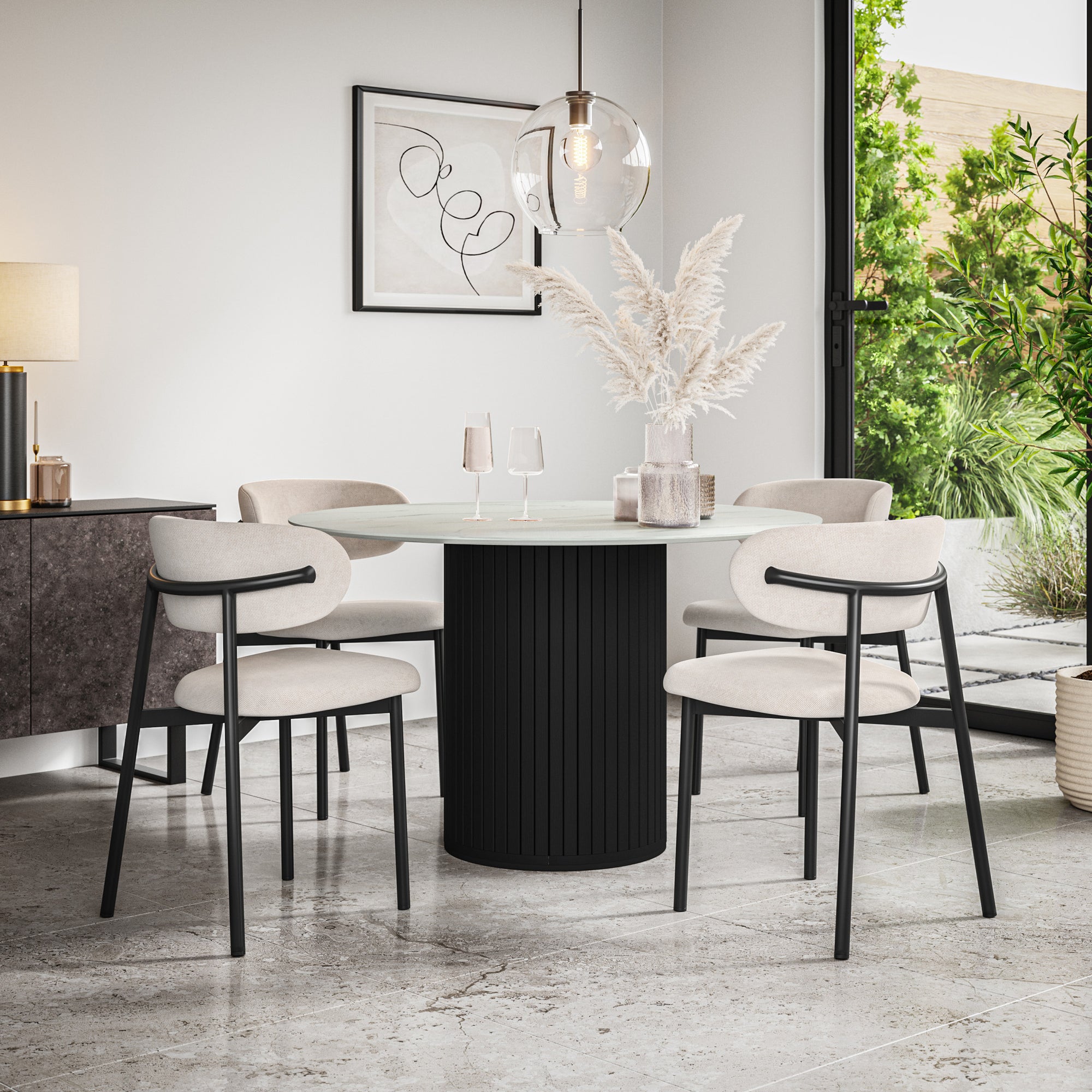 Arlo White Marble Tabletop W Black Legs + Myla Linen Dining Chair Set