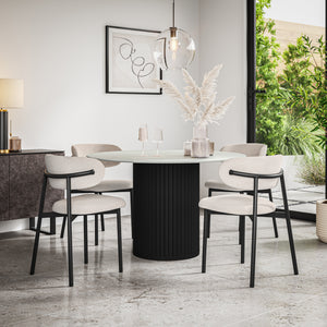 Arlo White Marble Tabletop W Black Legs + Myla Linen Dining Chair Set