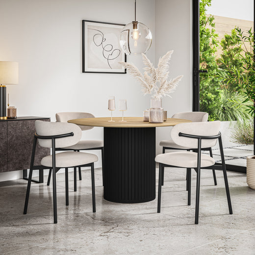 Arlo Oak Tabletop W Black Legs + Myla Linen Dining Chair Set